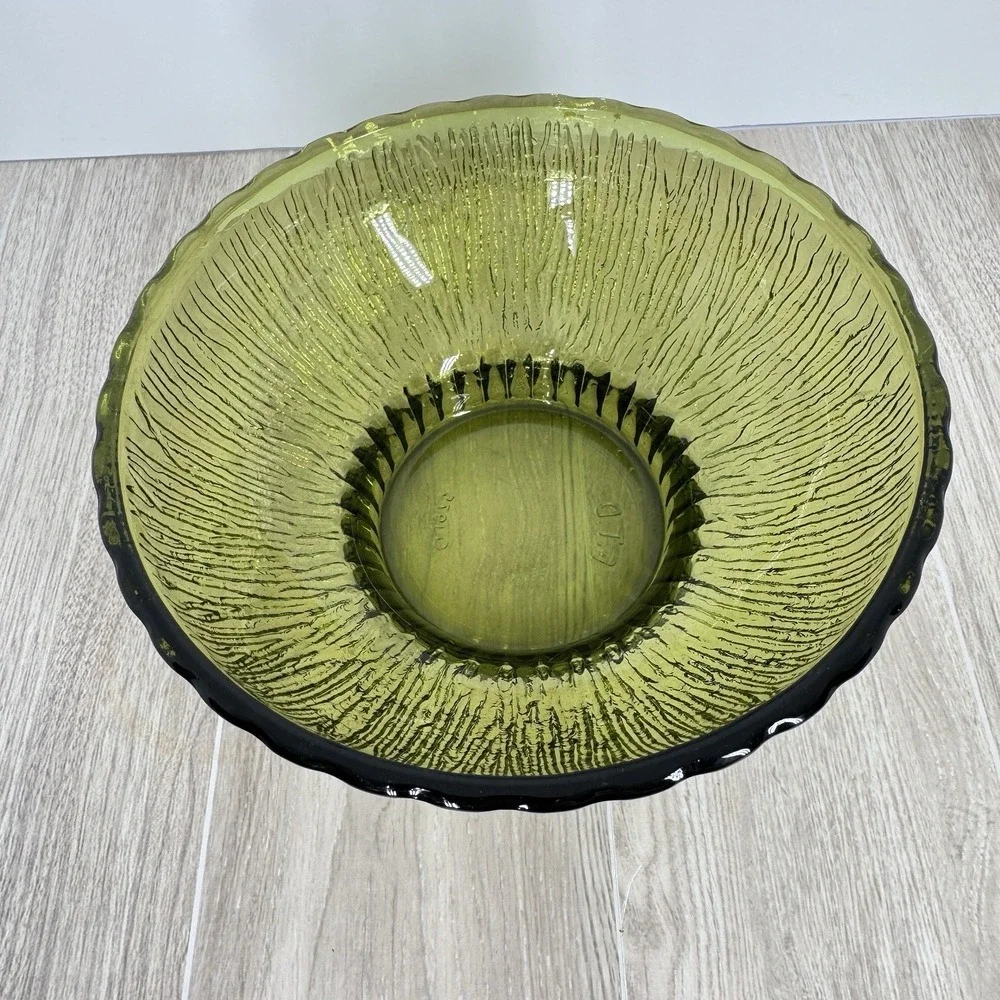 FTD Avocado‎ Green Textured Glass Serving Bowl Ribbed Retro Floral Vase Bowl